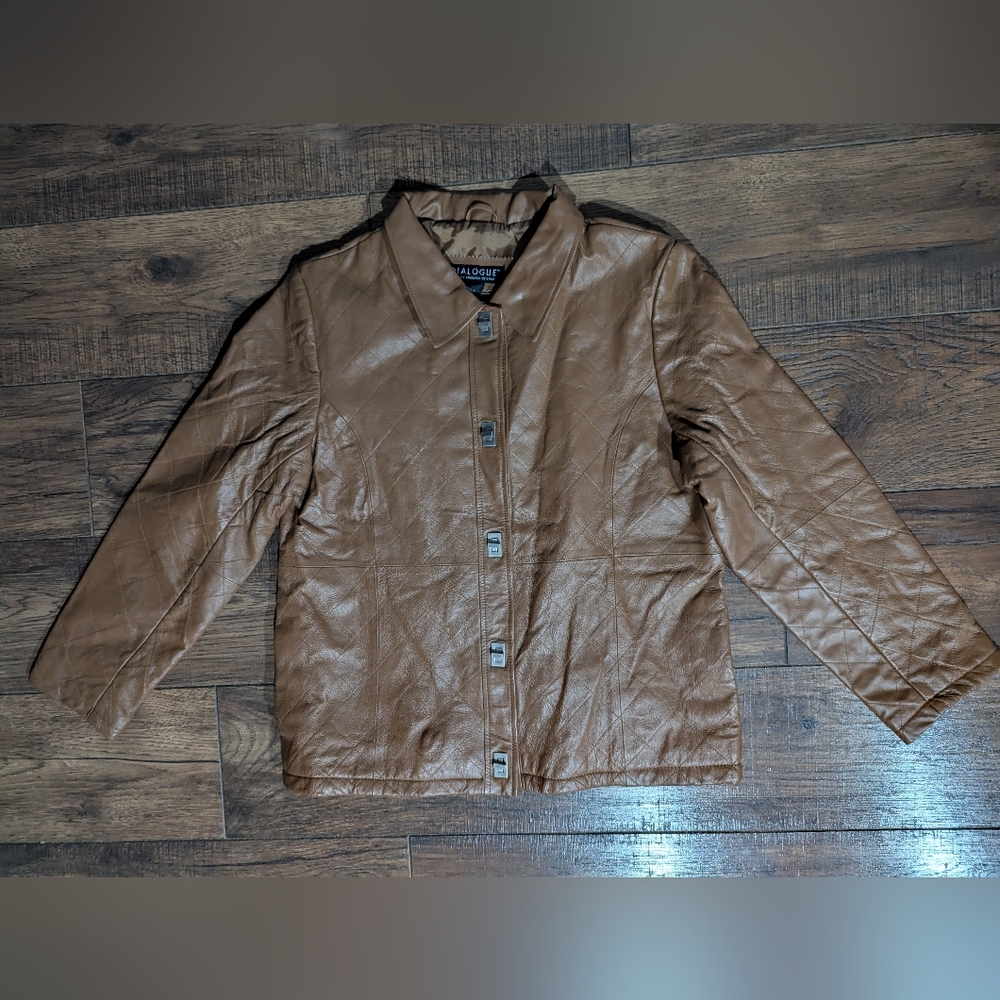 QVC Dialogue Camel Brown 100% Leather Jacket Stitching Toggles Lined Sz Med NWT